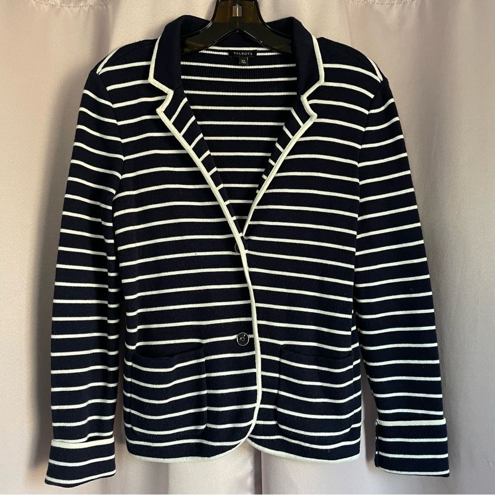 Talbots Navy and White Striped SWEATER Blazer/Cardigan